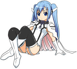 Rule 34 | 00s, 1girl, black thighhighs, blue eyes, blue hair, boots, chain, collar, elbow gloves, female focus, full body, garter straps, gloves, latex, lowres, matching hair/eyes, nymph (sora no otoshimono), panties, simple background, solo, sora no otoshimono, thighhighs, toono ryousuke, twintails, underwear, white background, white gloves, white panties