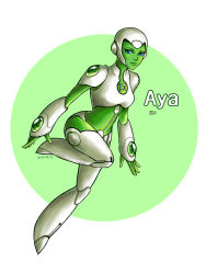 Rule 34 | 10s, 1girl, 2013, android, aya (green lantern), blue eyes, character name, colored skin, dated, dc comics, flying, full body, green lantern, green lantern (series), green skin, helmet, looking at viewer, robot, simple background, solo, white background