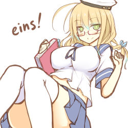 Rule 34 | 1girl, blonde hair, blush, breasts, cosplay, fubuki (kancolle), fubuki (kancolle) (cosplay), german text, green eyes, i-8 (kancolle), kantai collection, kusano (torisukerabasu), large breasts, simple background, skirt, smile, solo, thighhighs, translated, white background, white thighhighs