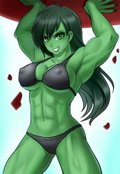 Rule 34 | 1girl, abs, animification, armpits, arms up, bikini, black hair, breasts, colored skin, covered erect nipples, cowboy shot, female focus, green eyes, green nails, green skin, grin, highres, jennifer walters, large breasts, long hair, looking at viewer, marvel, muscular, muscular female, nail polish, nose, purple bikini, racoon-kun, rock, she-hulk, smile, solo, swimsuit, underboob