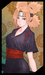 Rule 34 | 1girl, blonde hair, blue eyes, female focus, forehead protector, gradient background, hensou, japanese clothes, naruto, naruto (series), quad tails, solo, temari (naruto)