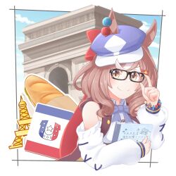 Rule 34 | 1girl, adjusting eyewear, animal ears, arc de triomphe, bespectacled, blue hat, blush, bread, brown eyes, brown hair, closed mouth, clothing cutout, commentary request, flag, food, glasses, hair ornament, hairclip, hat, highres, horse ears, horse girl, kazuto (tzgp8384), looking at viewer, matikane tannhauser (umamusume), notebook, ribbon, shoulder cutout, sky, smile, solo, umamusume