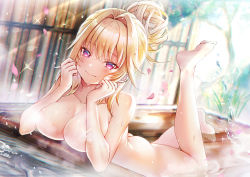 Rule 34 | 1girl, ass, barefoot, blonde hair, breasts, cherry blossoms, cleavage, closed mouth, collarbone, commentary request, completely nude, day, feet, hair bun, highres, kayoh0731, large breasts, lens flare, light rays, long hair, looking at viewer, lying, nude, on stomach, onsen, purple eyes, shironeko project, sidelocks, sierra (lom), single hair bun, smile, sunbeam, sunlight, thighs, toes, tree, water drop, wet, wooden wall