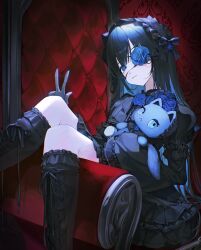 Rule 34 | 1girl, absurdres, ado (utaite), adorozatorumary, black dress, black footwear, black hair, blue eyes, blue flower, blue hair, blue rose, boots, cat, chair, chando (ado), closed mouth, cloud nine inc, colored inner hair, commentary request, dress, flower, flower eyepatch, flower over eye, gloves, gothic lolita, hairband, highres, knee boots, lolita fashion, lolita hairband, long hair, looking at viewer, mole, mole under eye, multicolored hair, myao00, partial commentary, rose, sanrio, sitting, sleeves past fingers, sleeves past wrists, solo, two-tone hair, utaite, w, white gloves