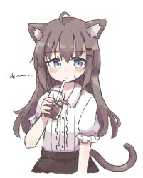 Rule 34 | 1girl, ahoge, animal ear fluff, animal ears, arm at side, black skirt, black socks, blue eyes, blush stickers, brown hair, cat ears, cat tail, center frills, collared shirt, colon br, cropped torso, cup, dot nose, drink, drinking glass, drinking straw, ears down, frilled shirt, frills, hair between eyes, hair ornament, hairclip, highres, holding, holding drink, kneehighs, long hair, looking at viewer, original, puffy short sleeves, puffy sleeves, shirt, short sleeves, sidelocks, simple background, sitting, skirt, socks, solo, straight hair, tail, white background, white shirt