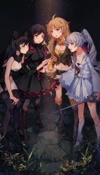 Rule 34 | 4girls, artist request, blake belladonna, breasts, cape, chess piece, cleavage, ember celica (rwby), fingerless gloves, floating, floating object, gloves, jewelry, multiple girls, myrtenaster, necklace, pantyhose, ruby rose, rwby, thighhighs, weiss schnee, yang xiao long