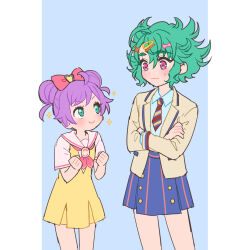 Rule 34 | 2girls, ahoge, blue shirt, blue skirt, blush, bow, brown jacket, clenched hands, closed mouth, collared shirt, commentary request, crossed arms, double bun, dress, green eyes, green hair, hair bow, hair bun, hair ornament, hairclip, hands up, idol land pripara, jacket, katasumi amari, long sleeves, looking at another, manaka laala, manaka laala (young), messy hair, multiple girls, neckerchief, necktie, oshiri (o4ritarou), paprika private academy school uniform, pink bow, pink eyes, pink neckerchief, pleated skirt, pretty series, pripara, purple hair, sailor collar, school uniform, shirt, short dress, short hair, short sleeves, skirt, smile, sparkle, standing, striped necktie, sweatdrop, v-shaped eyebrows, white sailor collar, white shirt, x hair ornament, yellow dress