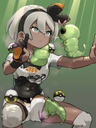 Rule 34 | 1girl, 2equal8, animal, animal in clothes, battle stance, bea (pokemon), blue eyes, bodysuit, bodysuit under clothes, bug, caterpie, closed mouth, commentary request, creatures (company), dark-skinned female, dark skin, drunken master, female focus, game freak, gen 1 pokemon, gloves, grey hair, gym leader, hair between eyes, hairband, highres, horse stance, nintendo, parody, poke ball, pokemon, pokemon (creature), pokemon swsh, sexually suggestive, shirt, short hair, short sleeves, shorts, single glove, sportswear, suggestive fluid, ultra ball, what, white shirt, white shorts, wristband
