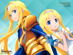 Rule 34 | 2girls, absurdres, age difference, alice zuberg, armor, artist name, blonde hair, blue eyes, blue shirt, blush, closed mouth, copyright name, dress, dual persona, dutch angle, female focus, floating hair, frilled dress, frills, gold armor, hair between eyes, hair intakes, hairband, hands up, highres, long hair, looking at viewer, multiple girls, newtype, parted lips, serious, shirt, short sleeves, shoulder armor, pauldrons, standing, sword art online, sword art online: alicization, upper body, very long hair, white hairband, yokota takumi
