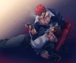 Rule 34 | 2boys, blood, blood on clothes, blood on face, blood on hands, blouse, brown hair, choker, fingerless gloves, gloves, gradient background, hair over one eye, hand on another&#039;s neck, highres, kusanagi kyou, licking lips, lying, male focus, miru (mill 36), multiple boys, red hair, school uniform, shirt, the king of fighters, tongue, tongue out, white shirt, yagami iori