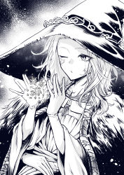 Rule 34 | 1girl, absurdres, cape, cloak, closed mouth, cryokinesis, dress, elden ring, extra arms, fur cloak, greyscale, hands up, hat, highres, inoue kyouhei, long hair, long sleeves, monochrome, one eye closed, ranni the witch, solo, upper body, witch hat