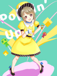 Rule 34 | 1girl, aqua background, artist name, artist request, bare legs, belt, black belt, black footwear, black hat, blue bow, blue choker, blue ribbon, blush, bow, bow gloves, breasts, brown hair, buttons, candy, choker, collarbone, collared dress, dress, female focus, floating, floating object, food, footwear bow, full body, gloves, grey hair, hand on own hip, hat, hat bow, hat ribbon, high heels, light brown hair, lollipop, looking at viewer, love live!, love live! nijigasaki high school idol club, love live! school idol festival, miniskirt, nakasu kasumi, neck ribbon, parted lips, pink eyes, plaid, plaid dress, plaid skirt, pleated, pleated dress, pleated skirt, polka dot, polka dot dress, polka dot headwear, polka dot skirt, poppin&#039; up (love live!), puffy short sleeves, puffy sleeves, purple eyes, ribbon, shoes, short hair, short sleeves, skirt, small breasts, smile, solo, top hat, white bow, white gloves, white ribbon, wrist bow, yellow dress, yellow hat, yellow skirt