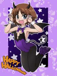 Rule 34 | 1girl, :d, black horns, black pantyhose, black wings, blue eyes, bow, bowtie, brown hair, claw pose, demon horns, demon tail, demon wings, detached collar, english text, fang, flat chest, floating, girls und panzer, halloween, halloween costume, happy halloween, high collar, high heels, horns, legs up, leotard, looking at viewer, nail polish, open mouth, outline, pantyhose, purple footwear, purple leotard, purple nails, sakaguchi karina, short hair, smile, solo, star (symbol), starry background, strapless, strapless leotard, tail, takahashi kurage, white outline, wings