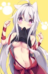 Rule 34 | 1girl, ahoge, bare shoulders, black tank top, blush, breasts, chiya (urara meirochou), clothes in mouth, clothes lift, commentary request, hair between eyes, head tilt, highres, kyuukon (qkonsan), lifting own clothes, long hair, medium breasts, mouth hold, navel, purple eyes, red skirt, shirt in mouth, shirt lift, silver hair, skirt, solo, stomach, tank top, underboob, urara meirochou, very long hair, yellow background