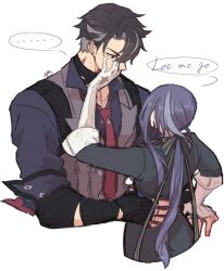 Rule 34 | ..., 1boy, 1girl, black gloves, black hair, black jacket, black ribbon, blue hair, blue shirt, clorinde (genshin impact), english text, fingerless gloves, genshin impact, gloves, grey hair, hair ribbon, hand on another&#039;s face, hands on another&#039;s waist, highres, jacket, long hair, looking up, low ponytail, mizuchi kai, multicolored hair, necktie, purple hair, red necktie, ribbon, shirt, speech bubble, spoken ellipsis, streaked hair, upper body, very long hair, white background, white gloves, wriothesley (genshin impact)