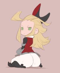 Rule 34 | 1girl, ahoge, ass, blonde hair, boots, bow, bravely default: flying fairy, bravely default (series), commentary, edea lee, english commentary, from behind, furrowed brow, green eyes, hair bow, highres, knee boots, long hair, looking back, pantyhose, simple background, sitting, sketch, solo, spicy bardo, wariza, wide hips