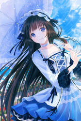Rule 34 | 1girl, blue eyes, bonnet, brown hair, choker, collarbone, cross-laced clothes, dress, frilled dress, frills, grin, hairband, holding, layered dress, lolita hairband, long hair, lowres, nexia (sword girls), open mouth, parasol, pleated dress, reum, smile, solo, sword girls, umbrella, very long hair
