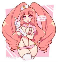 Rule 34 | 1girl, areola slip, breasts, cleavage, english text, gloves, hat, heart, heart-shaped pupils, long hair, nurse, nurse cap, open mouth, original, pink eyes, re-sublimity-kun, solo, symbol-shaped pupils, thighhighs, twintails, very long hair