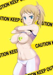 Rule 34 | 1girl, areola slip, armpits, arms up, bare arms, bare shoulders, bike shorts, blue eyes, blush, breasts, breasts out, brown hair, caution tape, closed mouth, clothes lift, cowboy shot, gundam, gundam build fighters, gundam build fighters try, hair ornament, hair scrunchie, heart pasties, hoshino fumina, keep out, lifting own clothes, long hair, looking at viewer, medium breasts, minpei ichigo, navel, pasties, ponytail, scrunchie, sidelocks, simple background, smile, solo, sparkle, sports bra, sports bra lift, stomach, two-tone sports bra, undressing, yellow background