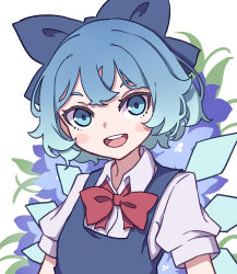 Rule 34 | 1girl, absurdres, blue bow, blue dress, blue eyes, blue hair, blush stickers, bow, cirno, collared shirt, detached wings, dress, fairy, hair between eyes, hair bow, highres, ice, ice wings, kame (kamepan44231), looking at viewer, one-hour drawing challenge, open mouth, puffy short sleeves, puffy sleeves, round teeth, shirt, short hair, short sleeves, smile, solo, teeth, touhou, upper body, upper teeth only, white shirt, wings