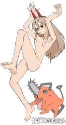 Rule 34 | 1girl, absurdres, barefoot, breasts, chainsaw man, cleft of venus, creature, highres, legs, nipples, nude, pantsu-ripper, pochita (chainsaw man), power (chainsaw man), pussy, simple background, standing, uncensored, white background