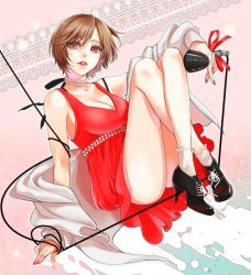 Rule 34 | 1girl, breasts, brown eyes, brown hair, cleavage, dress, high heels, jewelry, large breasts, lipstick, makeup, meiko (vocaloid), microphone, necklace, okeya (ol23), red dress, red lips, red skirt, ribbon, shoes, short hair, skirt, smile, solo, vocaloid