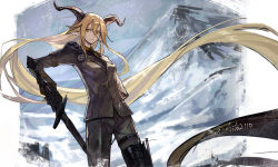 Rule 34 | 1girl, absurdly long hair, aito, animal ears, arknights, arm behind back, black gloves, blonde hair, breasts, brown jacket, brown pants, closed mouth, day, degenbrecher (arknights), gloves, goat ears, goat girl, goat horns, hair between eyes, highres, holding, holding sword, holding weapon, horns, jacket, long hair, medium breasts, military, military jacket, military uniform, mountain, outdoors, pants, smile, solo, standing, sword, thigh strap, twitter username, uniform, v-shaped eyebrows, very long hair, weapon