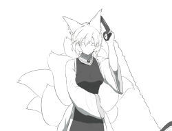 Rule 34 | 1girl, animal ears, fox ears, fox tail, holding, kinketsu, long sleeves, monochrome, multiple tails, no headwear, no mouth, phone, short hair, simple background, sleeves past wrists, solid circle eyes, solo, tabard, tail, touhou, white background, yakumo ran, you&#039;re doing it wrong