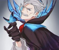 Rule 34 | 1boy, black cape, black gloves, blue butterfly, blue eyes, bug, butterfly, butterfly on hand, cape, facial hair, fate/grand order, fate (series), gloves, hair between eyes, hair slicked back, bug, james moriarty (archer) (fate), long sleeves, male focus, mustache, old, old man, simple background, sketch, solo, trstfx (lina), upper body