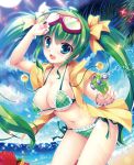 Rule 34 | 1girl, bikini, blue eyes, blush, breasts, cleavage, covered erect nipples, female focus, green hair, gun, hair ribbon, highres, large breasts, leaning forward, long hair, looking at viewer, melon-chan, melonbooks, mikeou, navel, open clothes, open mouth, open shirt, ribbon, shirt, smile, solo, standing, swimsuit, twintails, underboob, weapon