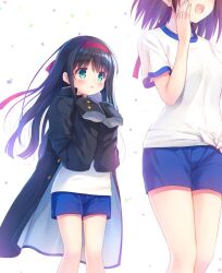 Rule 34 | 2girls, :o, aqua eyes, black coat, black hair, blue shorts, blush, coat, commentary request, confetti, feet out of frame, gym shorts, gym uniform, hands up, headband, highres, long hair, looking at another, medium hair, multiple girls, na-ga, open clothes, open coat, open mouth, original, oversized clothes, purple hair, red headband, shirt, short shorts, shorts, sidelocks, simple background, sleeves past wrists, standing, t-shirt, white background, white shirt