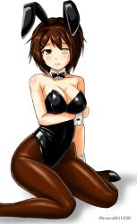 Rule 34 | 1girl, animal ears, bare shoulders, black leotard, blush, bow, bowtie, breast hold, breasts, brown hair, brown pantyhose, cleavage, covered navel, detached collar, embarrassed, fake animal ears, furutaka (kancolle), glowing, glowing eye, hair between eyes, hair ornament, hairclip, heterochromia, highleg, kantai collection, kudou (ooabareteng), leotard, medium breasts, pantyhose, playboy bunny, rabbit ears, shadow, short hair, simple background, sitting, solo, strapless, strapless leotard, twitter username, white background, wrist cuffs, yellow eyes