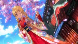 Rule 34 | 1girl, 22/7, 22/7 ongaku no jikan, alternate hairstyle, blonde hair, blue sky, braid, cherry blossom print, cherry blossoms, closed mouth, dutch angle, falling petals, floral print, fujima sakura, game cg, highres, japanese clothes, kimono, lens flare, long hair, looking at viewer, non-web source, official art, one eye closed, petals, pink petals, purple eyes, red kimono, sidelocks, sky, solo, sparkle, twin braids