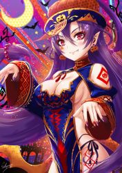 Rule 34 | 1girl, bare shoulders, blue nails, blush, braid, breasts, cleavage, commentary request, crescent moon, earrings, fang, hair between eyes, halloween, hat, highres, jewelry, jiangshi, large breasts, long hair, long sleeves, moon, multicolored nails, nail polish, official art, original, pink eyes, pointy ears, purple hair, red nails, sakiyamama, smile, solo, tattoo