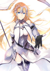 Rule 34 | 1girl, absurdres, arm behind back, armor, armored boots, armored dress, black gloves, black thighhighs, blonde hair, blue eyes, boots, breasts, breasts apart, chain, detached sleeves, dress, fate/apocrypha, fate (series), floating hair, fur-trimmed legwear, fur trim, gloves, highres, jeanne d&#039;arc (fate), jeanne d&#039;arc (ruler) (fate), jeanne d&#039;arc (third ascension) (fate), large breasts, long hair, looking at viewer, simple background, smile, solo, sukuya (suxuya), thighhighs, very long hair, white background, white dress