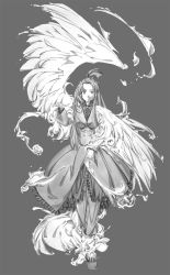 Rule 34 | 1girl, dress, frilled dress, frills, full body, grey background, greyscale, hand up, highres, long hair, looking at viewer, meiz, monochrome, ponytail, solo, standing, wings