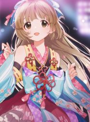 Rule 34 | 1girl, bare shoulders, blurry, blurry background, booota, bow, brown eyes, detached sleeves, eyebrows hidden by hair, fingernails, floral print, hair bow, hair ornament, hair ribbon, idolmaster, idolmaster cinderella girls, idolmaster cinderella girls starlight stage, japanese clothes, jpeg artifacts, kimono, light brown hair, long hair, looking up, multicolored clothes, obi, off shoulder, open mouth, red rope, ribbon, rope, sash, solo, tassel, wide sleeves, yorita yoshino