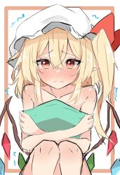 Rule 34 | 1girl, blonde hair, blush, commentary request, crossed bangs, crystal, embarrassed, feet out of frame, flandre scarlet, frown, full-face blush, hair between eyes, hat, highres, knees together feet apart, knees up, long hair, looking at viewer, low wings, mob cap, nono54558, nude, hugging object, one side up, pillow, pillow hug, pointy ears, simple background, sitting, solo, straight-on, touhou, trembling, wavy mouth, white background, wings