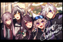 Rule 34 | 2girls, 3boys, animal ears, ansel (arknights), arknights, blush, cardigan (arknights), cat ears, christmas, christmas tree, commentary, english text, goggles, goggles on head, hair between eyes, hair ornament, halo, hand on another&#039;s shoulder, hat, highres, jacket, long hair, melantha (arknights), mirin chikuwa, mistletoe, multiple boys, multiple girls, necktie, open mouth, pink eyes, pink hair, purple eyes, purple hair, rabbit boy, rabbit ears, smile, steward (arknights), white hair, yellow eyes