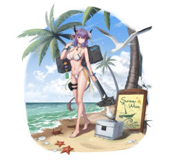 Rule 34 | 1girl, absurdres, animal ears, arknights, bare arms, bare legs, bare shoulders, barefoot, beach, bikini, bird, blue sky, breasts, chinese commentary, cloud, commentary request, crab, crossed legs, day, full body, halterneck, hand up, highres, horns, looking at viewer, lunn, medium breasts, navel, palm tree, purple hair, shadow, short hair, side-tie bikini bottom, sideroca (arknights), sky, solo, standing, starfish, stomach, string bikini, swimsuit, thigh strap, tree, water, watson cross, white bikini, yellow eyes
