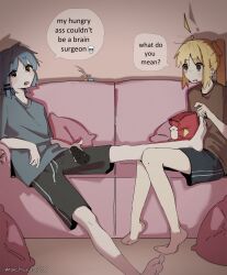 Rule 34 | !, 2girls, ahoge, barefoot, black shorts, blonde hair, blue hair, bocchi the rock!, brown shirt, commentary, controller, couch, doritos, english commentary, english text, expressive hair, gotoh hitori, grey shirt, hair ornament, hairclip, highres, holding, holding controller, ijichi nijika, machuuu68, multiple girls, objectification, on couch, shirt, short hair, shorts, sitting, speech bubble, t-shirt, yamada ryo