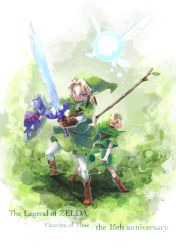 Rule 34 | 2boys, blonde hair, blue eyes, dual persona, earrings, fairy, gloves, hat, highres, holding, holding sword, holding weapon, hylian shield, jewelry, link, multiple boys, navi, nintendo, okabe, pointy ears, shield, stick, sword, the legend of zelda, the legend of zelda: ocarina of time, time paradox, weapon