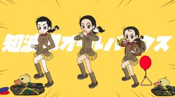 Rule 34 | 3girls, backpack, bag, balloon, bird, black eyes, black hair, boots, braid, braided ponytail, brown footwear, brown jacket, bugle, chi-hatan military uniform, chikuwa, clenched hands, closed mouth, commentary, duck, emphasis lines, food, fukuda haru, girls und panzer, hair pulled back, hair ribbon, helmet, highres, holding, holding food, holding instrument, ikeda emi, instrument, jacket, knee boots, kyoufuu all back (vocaloid), long sleeves, looking to the side, low ponytail, low twin braids, marching, medium hair, military uniform, military vehicle, miniskirt, model tank, motor vehicle, multiple girls, music, no eyewear, parody, playing instrument, pleated skirt, randoseru, ribbon, single braid, skirt, smile, takahashi kurage, tamada tamaki, tank, text background, translated, triangle (instrument), twin braids, type 95 ha-gou, type 97 chi-ha, uniform, unworn headwear, unworn helmet, white ribbon, yellow background, yellow skirt