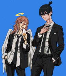 Rule 34 | 1boy, 1girl, :|, angel devil (chainsaw man), black hair, black jacket, black necktie, black pants, black suit, blazer, blue background, blue eyes, breast pocket, brown hair, buttoned cuffs, chainsaw man, closed mouth, collared shirt, cowboy shot, earrings, expressionless, food, formal, hair between eyes, hand in pocket, hand on own chest, hayakawa aki, highres, holding, holding food, holding ice cream, ice cream, jacket, jewelry, legs apart, long bangs, long hair, long sleeves, looking ahead, looking at viewer, multiple rings, necktie, open clothes, open jacket, open mouth, pants, pocket, red eyes, ring, shiren (ourboy83), shirt, shirt tucked in, short hair, sidelocks, simple background, straight hair, stud earrings, suit, suspenders, tongue, tongue out, updo, white shirt