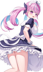 Rule 34 | 1girl, ass, blue dress, blue hair, blush, breasts, colored inner hair, commentary request, dress, drill hair, frilled dress, frills, highres, hololive, kag tsukimi, looking at viewer, looking back, low twintails, medium breasts, minato aqua, minato aqua (1st costume), multicolored hair, open mouth, pink hair, puffy short sleeves, puffy sleeves, purple eyes, short sleeves, simple background, skirt hold, solo, thighs, twin drills, twintails, virtual youtuber, white background