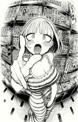 Rule 34 | 1girl, blush, book, breasts, cleavage, dress, fingernails, fisheye, hatching (texture), highres, hirune (imomonono), holding, holding book, indoors, large breasts, looking at viewer, manga (object), medium hair, open mouth, original, pencil, pointing, pointing at viewer, pov, shelf, short hair, slit pupils, solo, striped clothes, striped dress, teeth, tongue, traditional media, upper teeth only