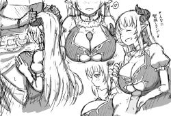Rule 34 | 1boy, 1girl, alicia (granblue fantasy), blush, breasts squeezed together, breasts, cleavage cutout, clothing cutout, draph, earrings, fellatio, from side, gran (granblue fantasy), granblue fantasy, heart, height difference, hetero, highres, horn grab, horns, jewelry, large breasts, licking, licking penis, long hair, mature female, monochrome, multiple views, oral, paizuri, paizuri under clothes, penis, penis grab, perpendicular paizuri, pointy ears, precum, shortstack, spoken heart, syokopoko (zurikichi), underboob cutout