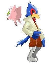 Rule 34 | 1boy, back-to-back, bandana, beak, bird boy, bird tail, blue eyes, blue fur, body fur, boots, creatures (company), cropped jacket, crossover, falco lombardi, floating, from side, full body, furry, furry male, game freak, gen 1 pokemon, green eyes, grey footwear, highres, jacket, jigglypuff, jumpsuit, knee boots, long sleeves, nintendo, open clothes, open jacket, open mouth, orange jumpsuit, pokemon, pokemon (creature), profile, red fur, simple background, sketch, standing, star fox, super smash bros., tail, two-tone fur, udon (udon xxx), white background, white jacket