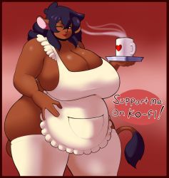 Rule 34 | 1girl, animal ears, apron, belly, breasts, cleavage, coffee mug, cow ears, cow tail, cup, dark-skinned female, dark skin, eikasianspire, fat, highres, huge breasts, mug, naked apron, one eye closed, solo, tail, thick thighs, thighhighs, thighs, wink