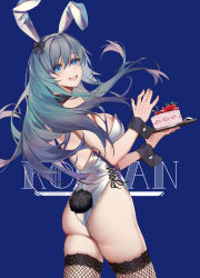 Rule 34 | 1girl, absurdres, animal ears, aqua hair, ass, bare shoulders, black thighhighs, blue background, blue eyes, breasts, cake, cake slice, cowboy shot, detached collar, fake animal ears, fishnet thighhighs, fishnets, food, highleg, highleg leotard, highres, holding, holding plate, koi han, large breasts, leotard, long hair, looking at viewer, looking back, original, plate, playboy bunny, rabbit ears, rabbit tail, side-tie leotard, simple background, solo, standing, strapless, strapless leotard, tail, thighhighs, white leotard